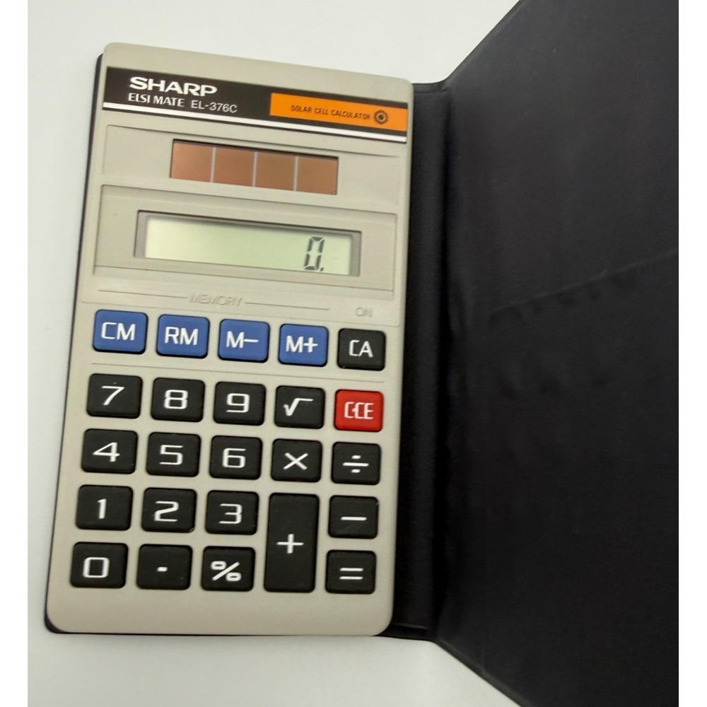 Vintage Sharp Elsi Mate EL-376C Solar Cell Basic Pocket Calculator w/ Case